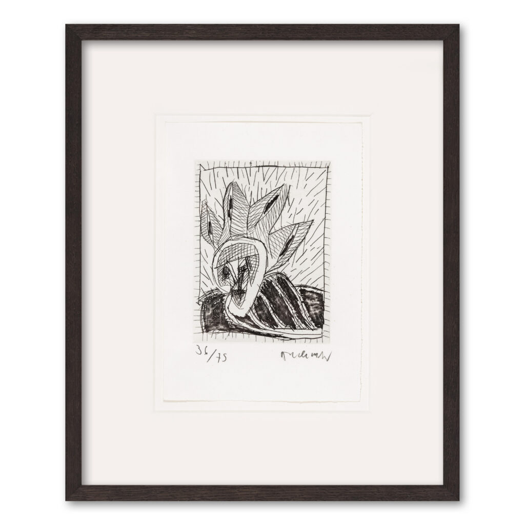 Eau-forte en noir et blanc de Pierre Alechinsky pour « Facéties et compagnie de Christian Dotremont ». Présente une figure abstraite et ondulée surmontée d'une couronne en forme de feuille, avec hachures et signature